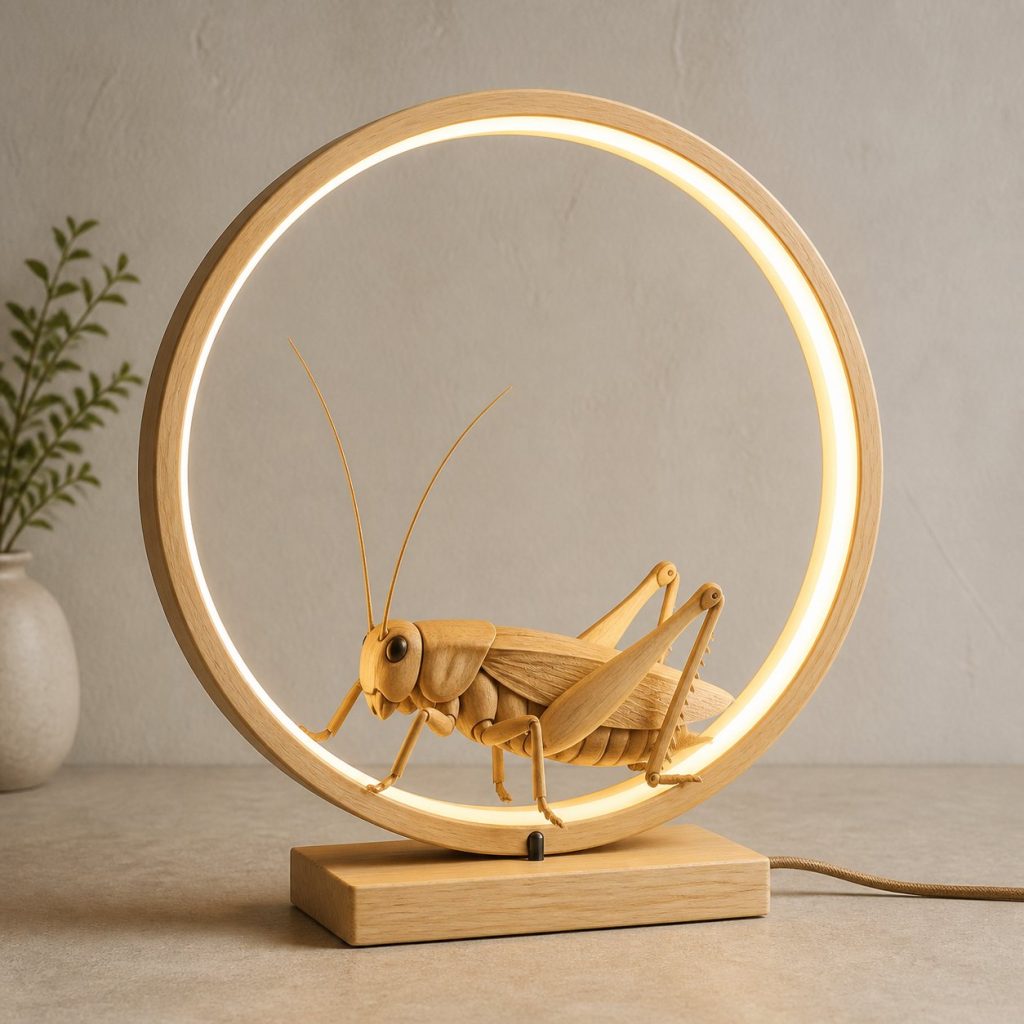 Cricket Moon-Ring Lamp shown as an original square photorealistic cricket lamp made from natural light-yellow wood with fine grain and warm diffused light