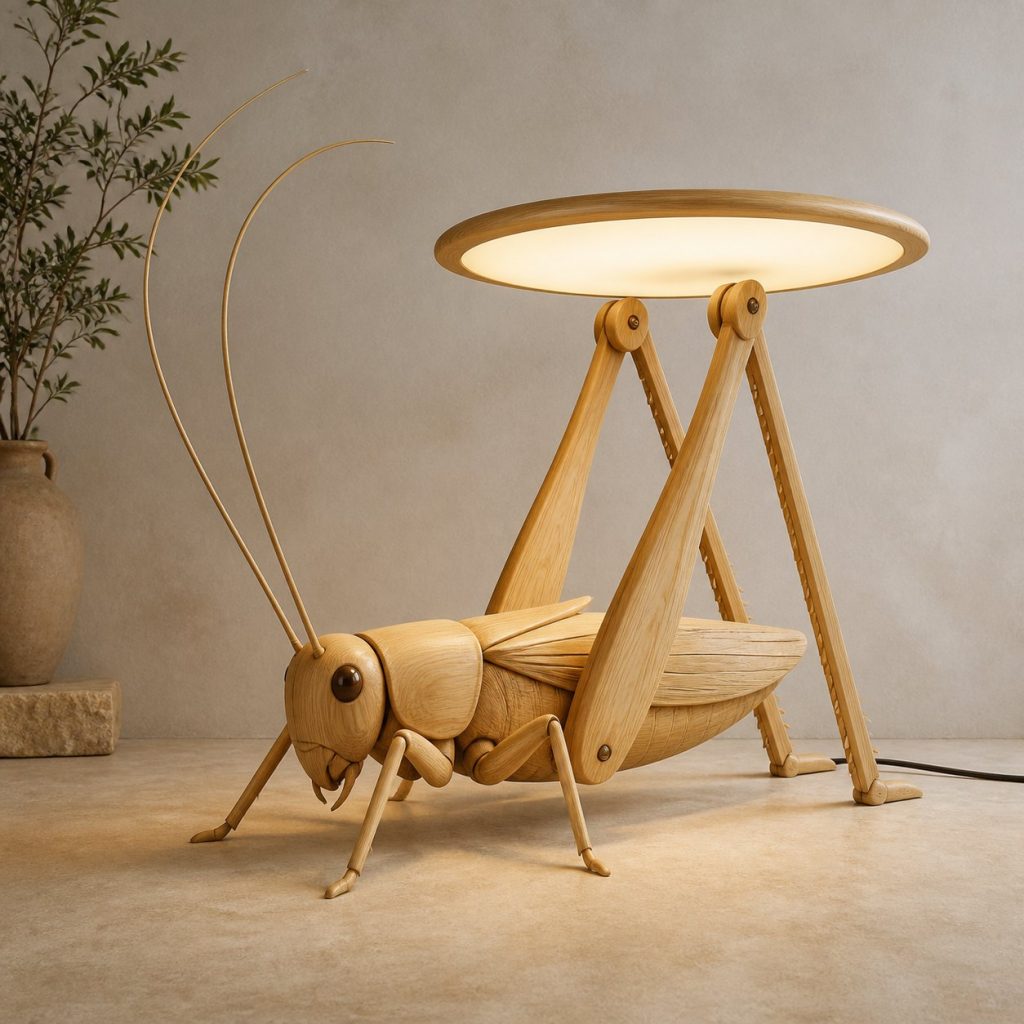 Paired-Hind-Leg Cricket Floor Lamp shown as an original square photorealistic cricket lamp made from natural light-yellow wood with fine grain and warm diffused light