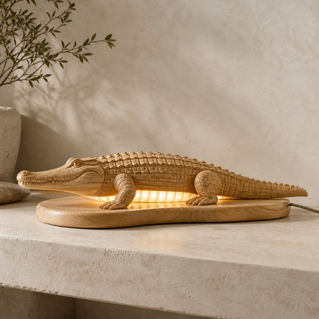 Resting Crocodile Profile Lamp shown as an original square photorealistic crocodile lamp made from natural light-yellow wood with fine grain and warm diffused light