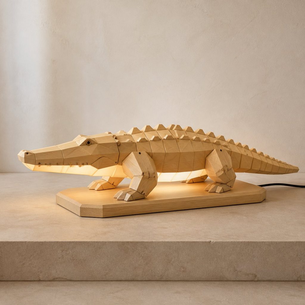 Faceted Crocodile Lamp shown as an original square photorealistic crocodile lamp made from natural light-yellow wood with fine grain and warm diffused light