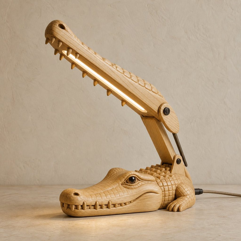 Crocodile-Jaw Desk Task Lamp shown as an original square photorealistic crocodile lamp made from natural light-yellow wood with fine grain and warm diffused light