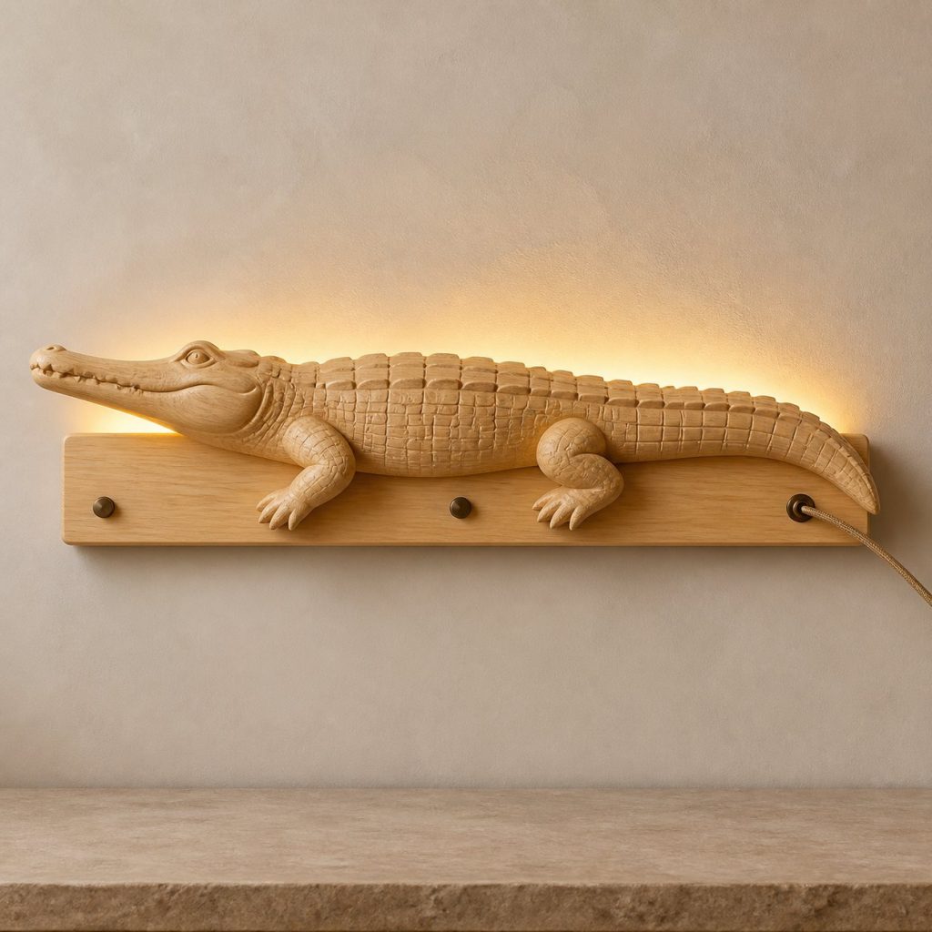 Swimming Crocodile Wall Sconce shown as an original square photorealistic crocodile lamp made from natural light-yellow wood with fine grain and warm diffused light