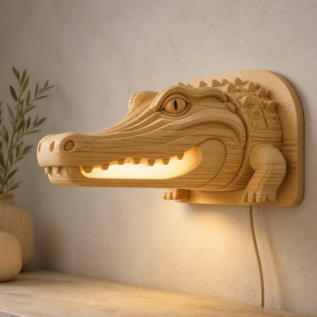 Layered Crocodile Head Wall Lamp shown as an original square photorealistic crocodile lamp made from natural light-yellow wood with fine grain and warm diffused light