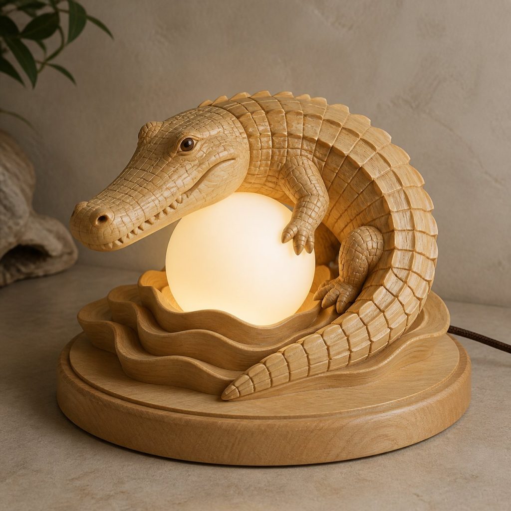 Crocodile River Orb Lamp shown as an original square photorealistic crocodile lamp made from natural light-yellow wood with fine grain and warm diffused light