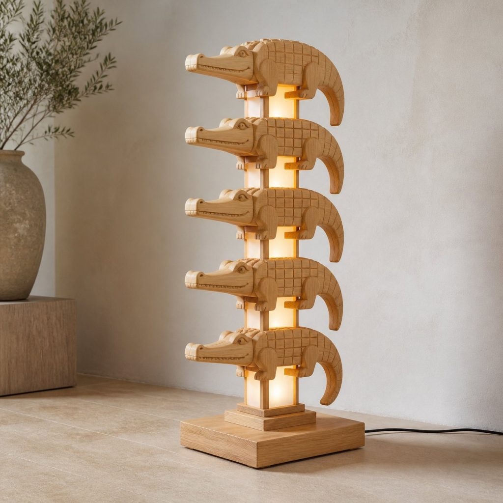Stacked Crocodile Floor Lamp shown as an original square photorealistic crocodile lamp made from natural light-yellow wood with fine grain and warm diffused light