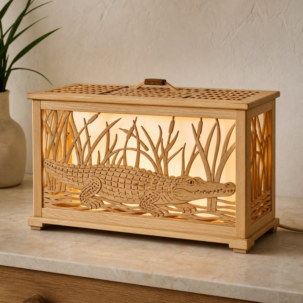 River Crocodile Lantern shown as an original square photorealistic crocodile lamp made from natural light-yellow wood with fine grain and warm diffused light