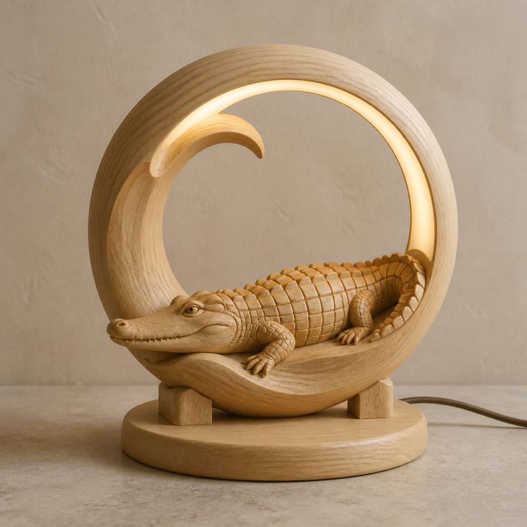 Crocodile-and-Wave Ring Lamp shown as an original square photorealistic crocodile lamp made from natural light-yellow wood with fine grain and warm diffused light
