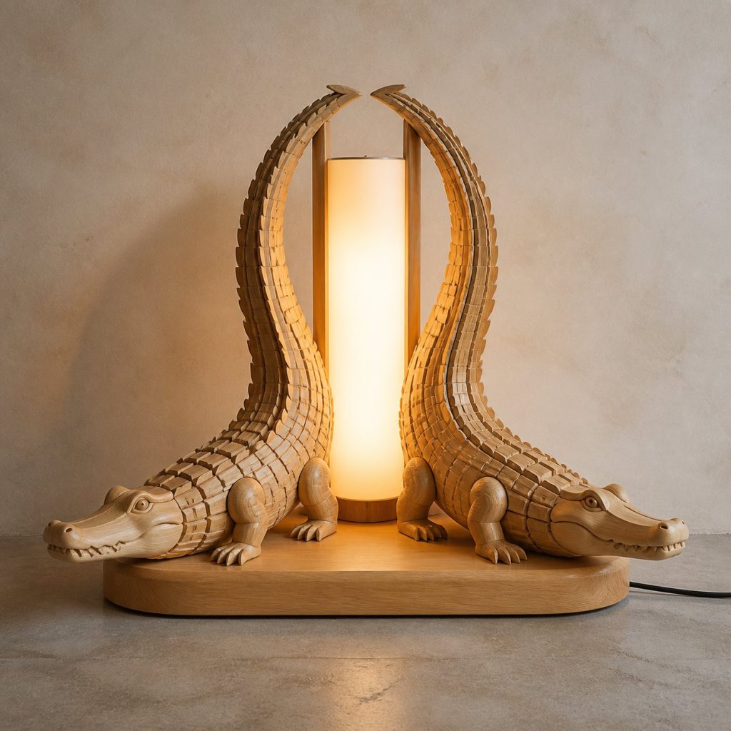 Twin-Tail Crocodile Floor Lamp shown as an original square photorealistic crocodile lamp made from natural light-yellow wood with fine grain and warm diffused light