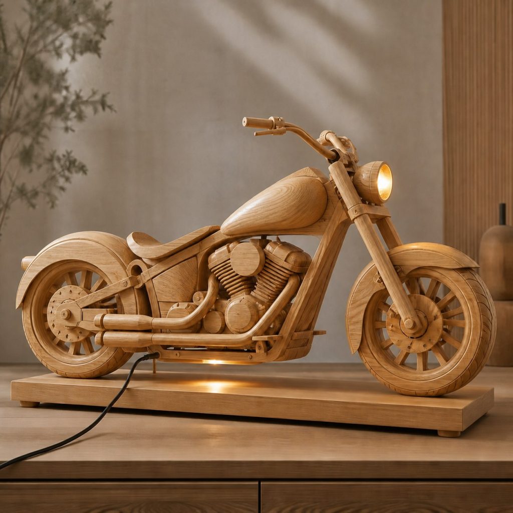 Faceted Cruiser Motorcycle Lamp shown as an original square photorealistic cruiser motorcycle lamp made from natural light-yellow wood with fine grain and warm diffused light