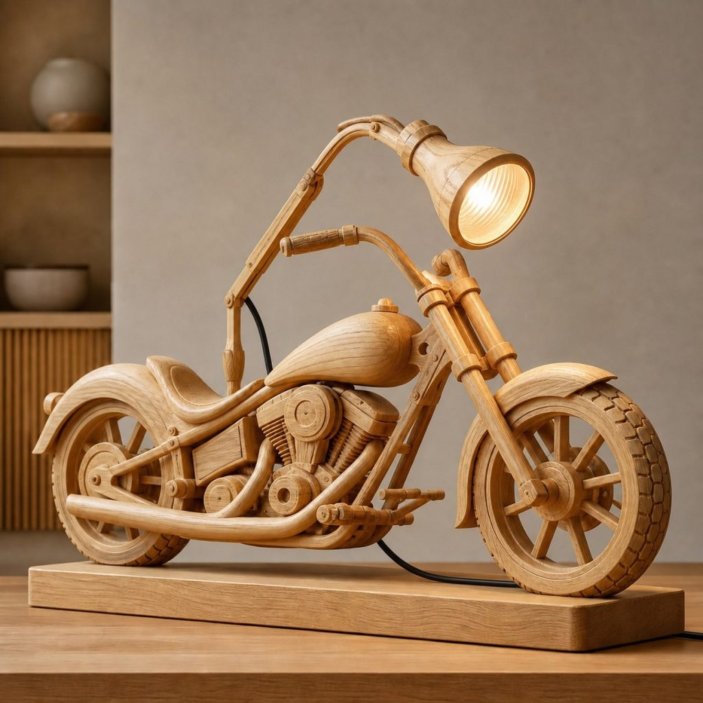Cruiser Headlight Desk Task Lamp shown as an original square photorealistic cruiser motorcycle lamp made from natural light-yellow wood with fine grain and warm diffused light
