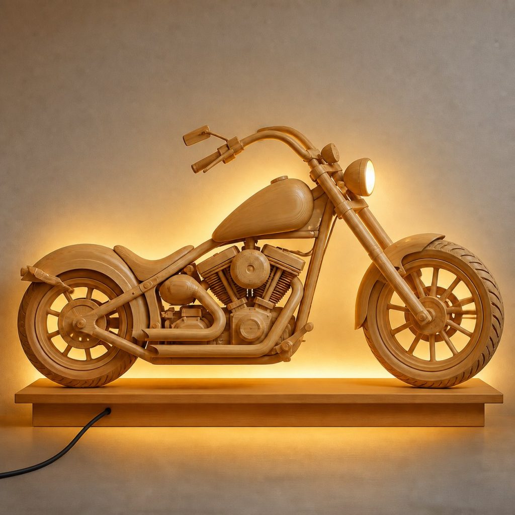Rolling Cruiser Wall Sconce shown as an original square photorealistic cruiser motorcycle lamp made from natural light-yellow wood with fine grain and warm diffused light