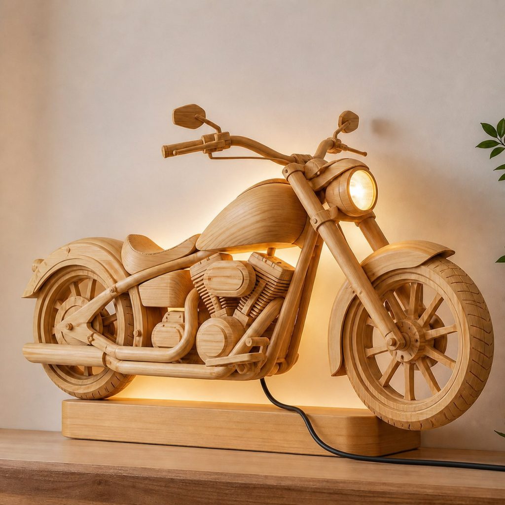 Layered Cruiser Tank Wall Lamp shown as an original square photorealistic cruiser motorcycle lamp made from natural light-yellow wood with fine grain and warm diffused light