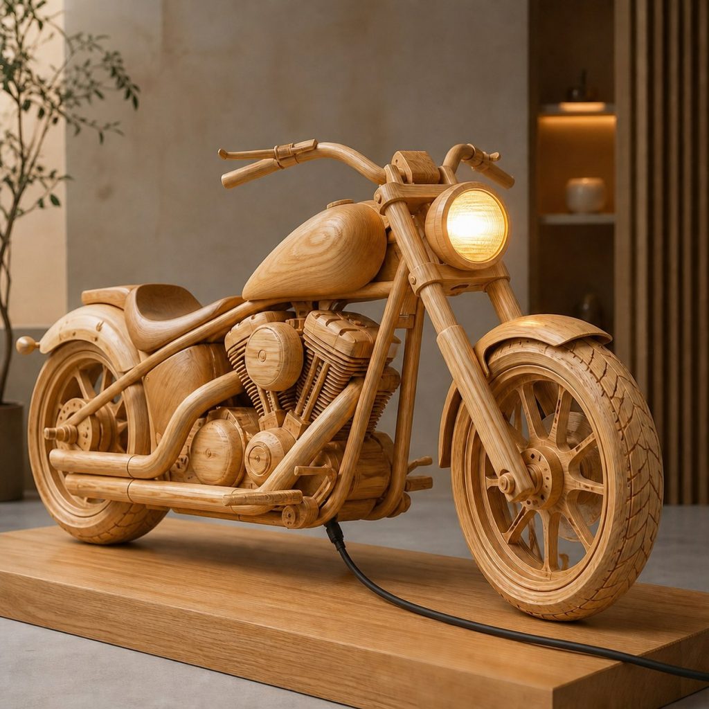 Cruiser Headlight Orb Lamp shown as an original square photorealistic cruiser motorcycle lamp made from natural light-yellow wood with fine grain and warm diffused light