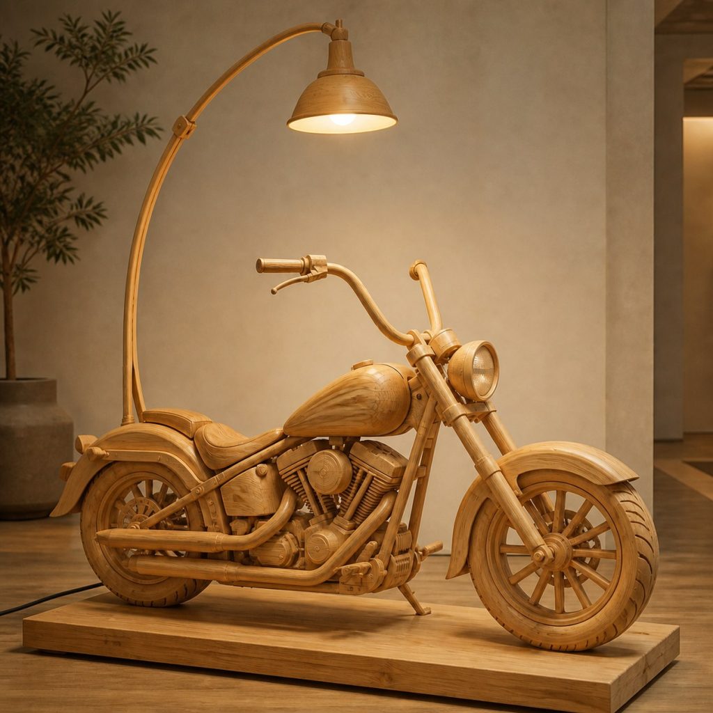 Stacked Cruiser Floor Lamp shown as an original square photorealistic cruiser motorcycle lamp made from natural light-yellow wood with fine grain and warm diffused light