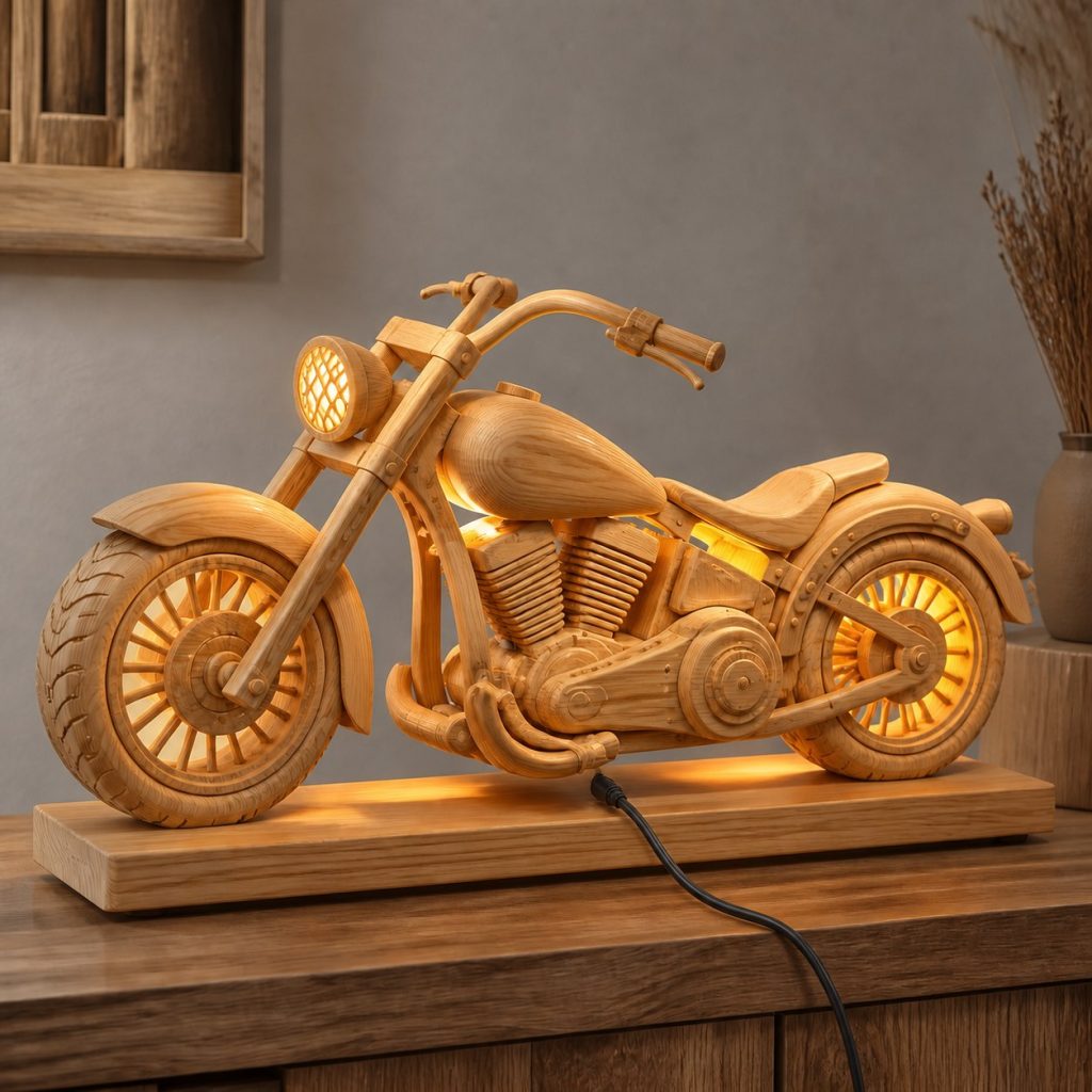 Road-House Cruiser Lantern shown as an original square photorealistic cruiser motorcycle lamp made from natural light-yellow wood with fine grain and warm diffused light