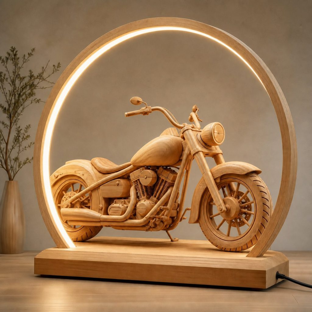 Cruiser Wheel-Ring Lamp shown as an original square photorealistic cruiser motorcycle lamp made from natural light-yellow wood with fine grain and warm diffused light