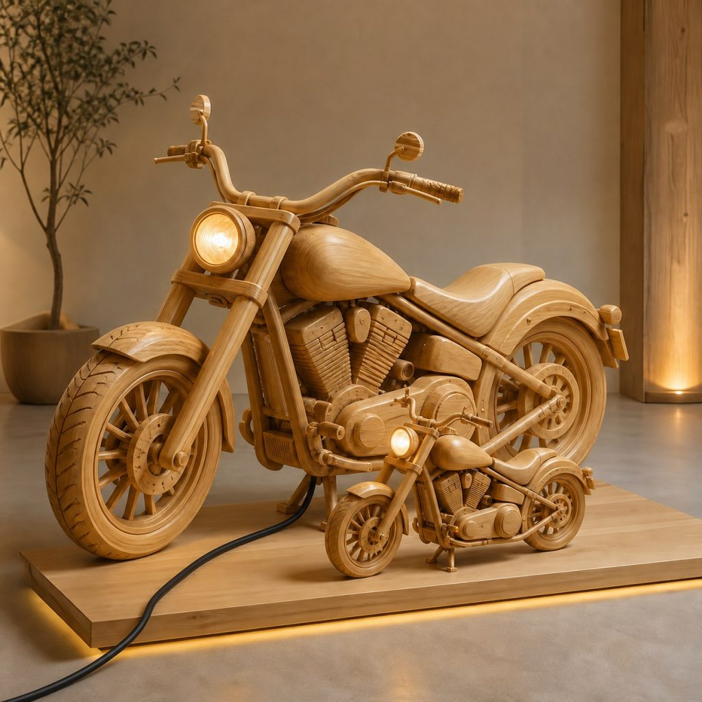 Paired Cruiser Floor Lamp shown as an original square photorealistic cruiser motorcycle lamp made from natural light-yellow wood with fine grain and warm diffused light