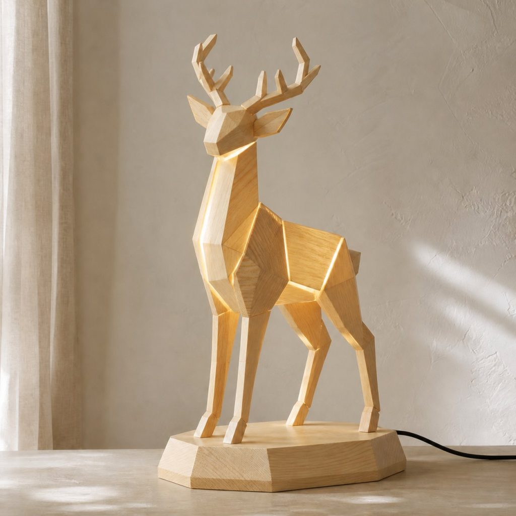 Faceted Deer Lamp shown as an original square photorealistic deer lamp made from natural light-yellow wood with fine grain and warm diffused light