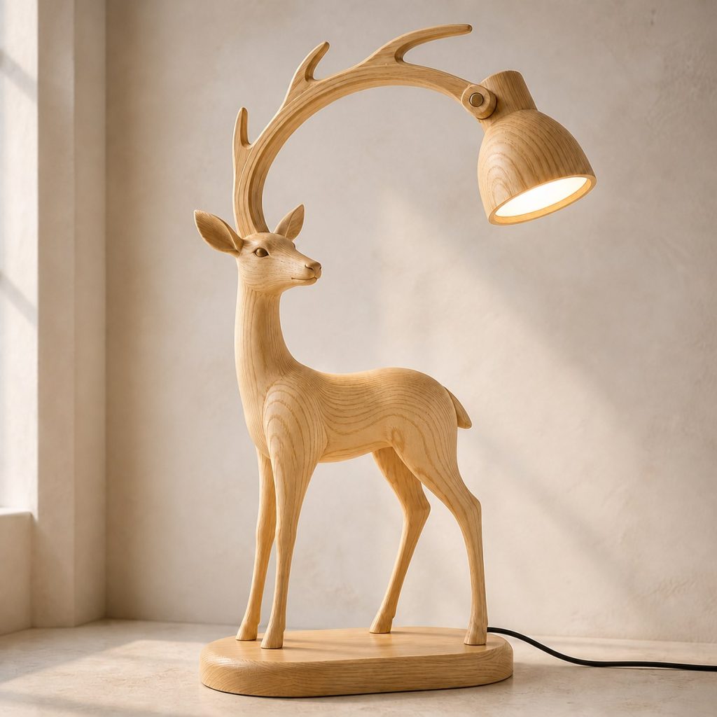 Deer-Antler Desk Task Lamp shown as an original square photorealistic deer lamp made from natural light-yellow wood with fine grain and warm diffused light