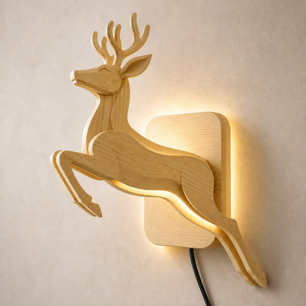 Leaping Deer Wall Sconce shown as an original square photorealistic deer lamp made from natural light-yellow wood with fine grain and warm diffused light