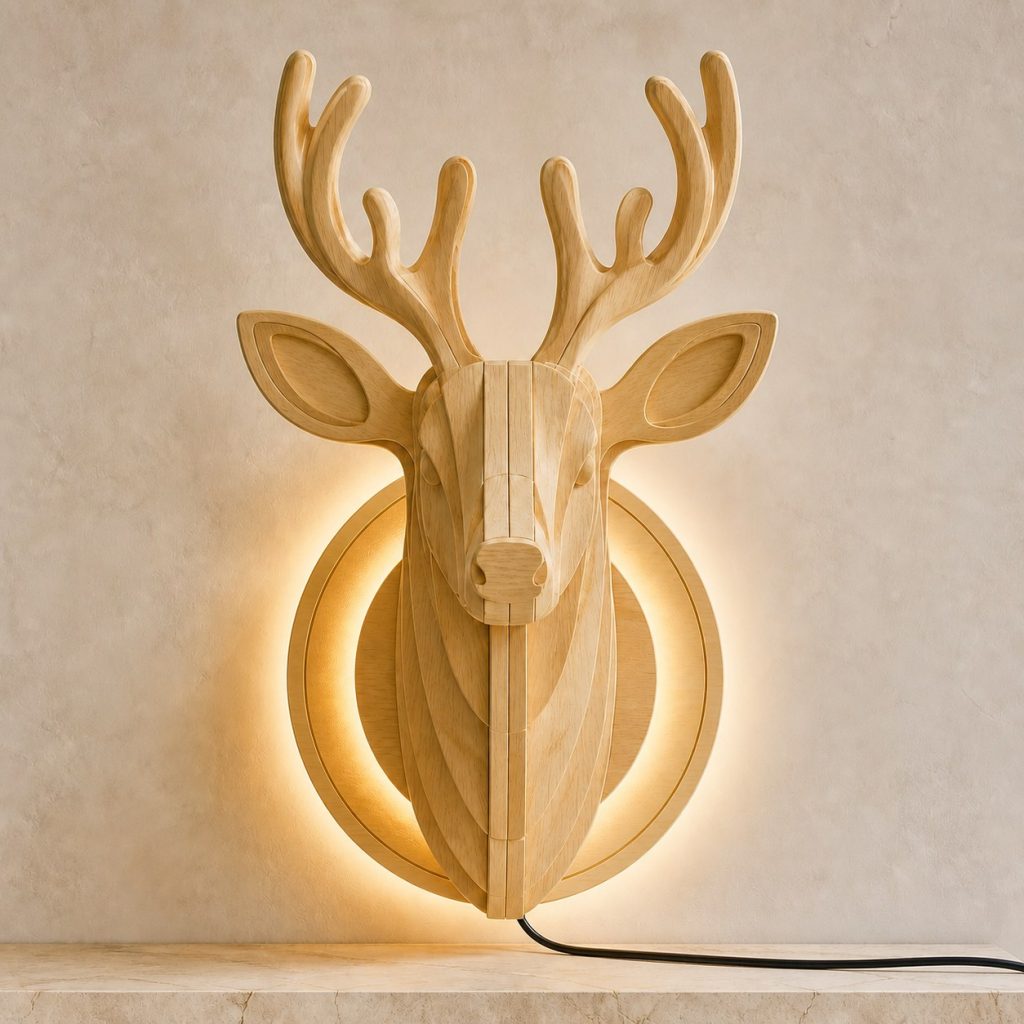 Layered Deer Head Wall Lamp shown as an original square photorealistic deer lamp made from natural light-yellow wood with fine grain and warm diffused light