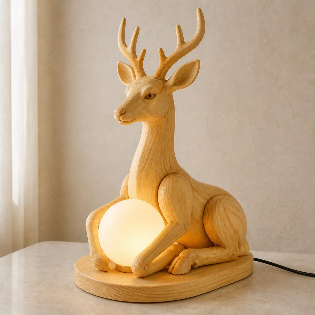 Deer Orb Lamp shown as an original square photorealistic deer lamp made from natural light-yellow wood with fine grain and warm diffused light