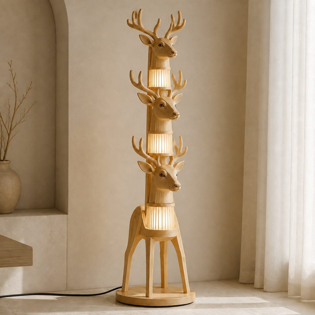 Stacked Deer Floor Lamp shown as an original square photorealistic deer lamp made from natural light-yellow wood with fine grain and warm diffused light