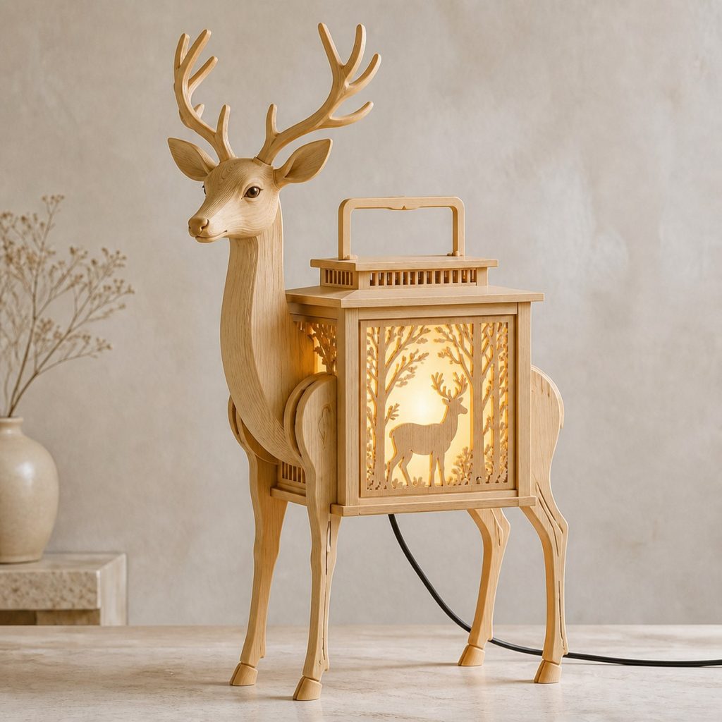 Forest Deer Lantern shown as an original square photorealistic deer lamp made from natural light-yellow wood with fine grain and warm diffused light