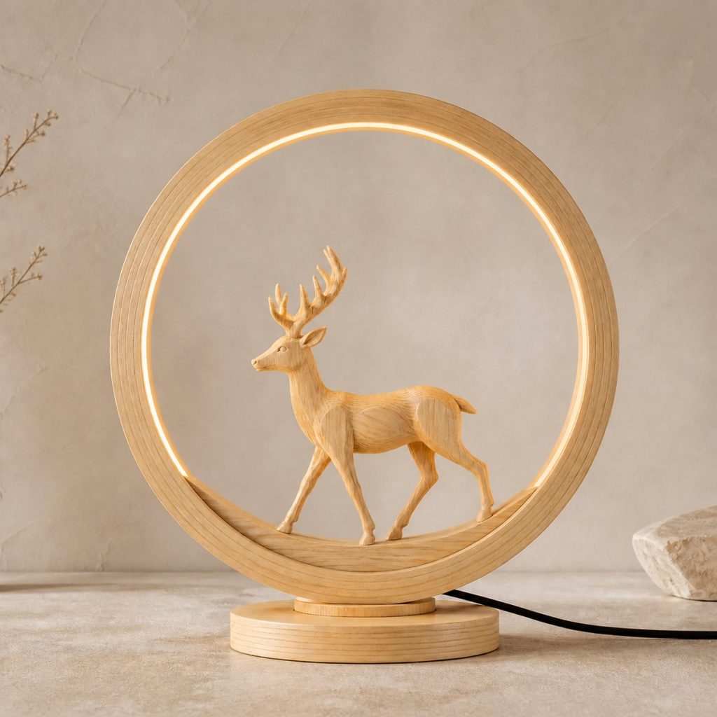 Deer Woodland-Ring Lamp shown as an original square photorealistic deer lamp made from natural light-yellow wood with fine grain and warm diffused light