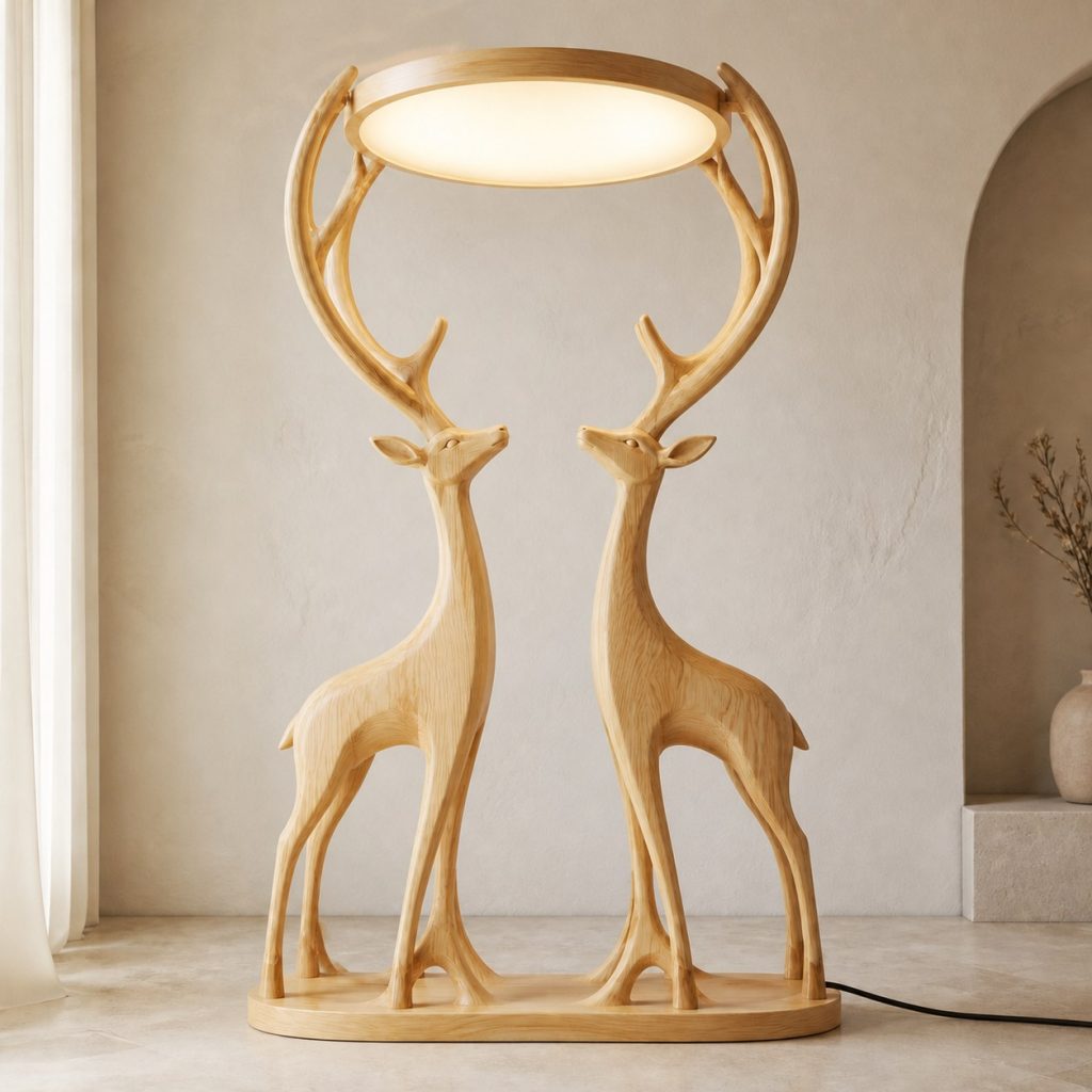 Paired-Antler Deer Floor Lamp shown as an original square photorealistic deer lamp made from natural light-yellow wood with fine grain and warm diffused light