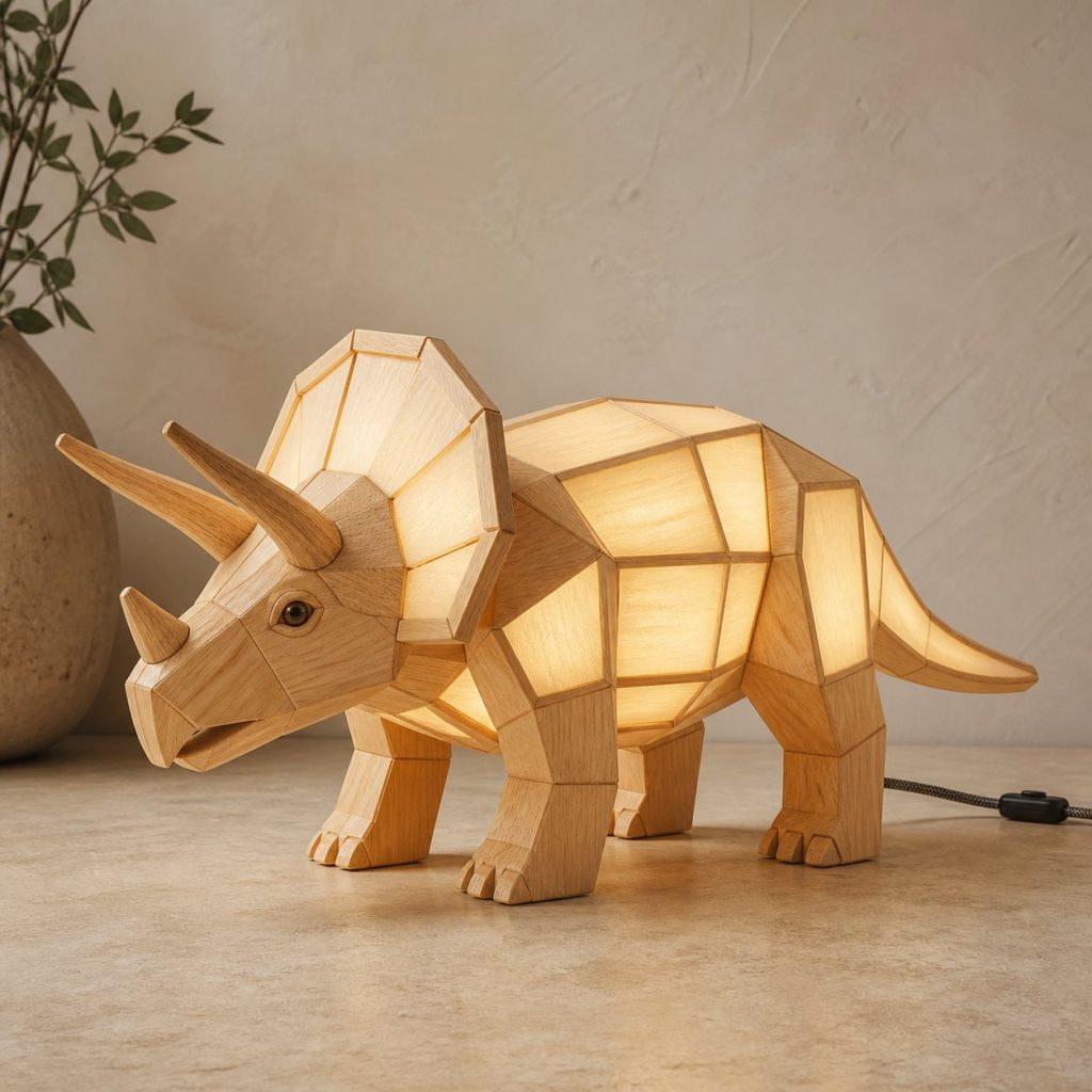 Faceted Triceratops Lamp shown as an original square photorealistic dinosaur lamp made from natural light-yellow wood with fine grain and warm diffused light