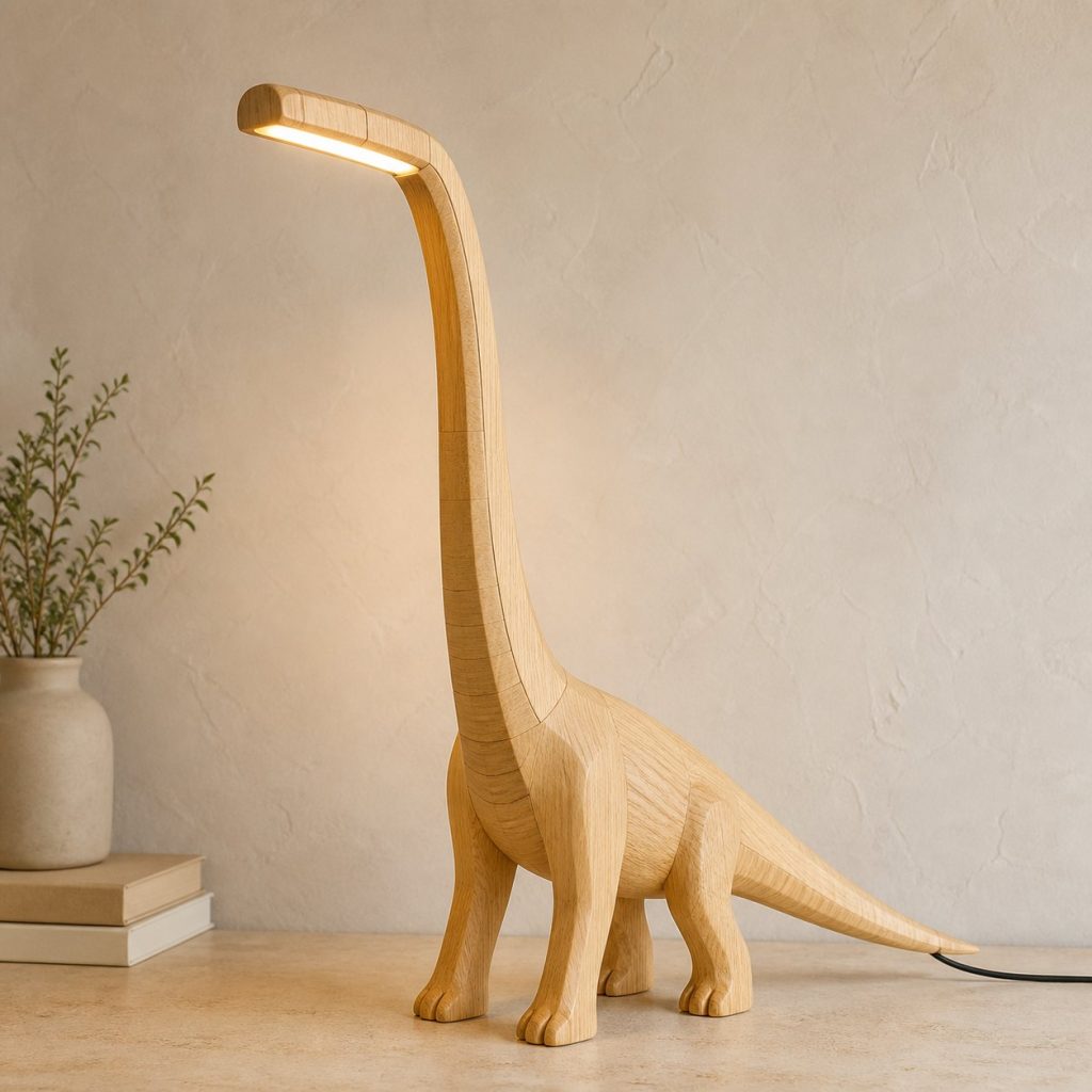Brachiosaurus-Neck Desk Task Lamp shown as an original square photorealistic dinosaur lamp made from natural light-yellow wood with fine grain and warm diffused light