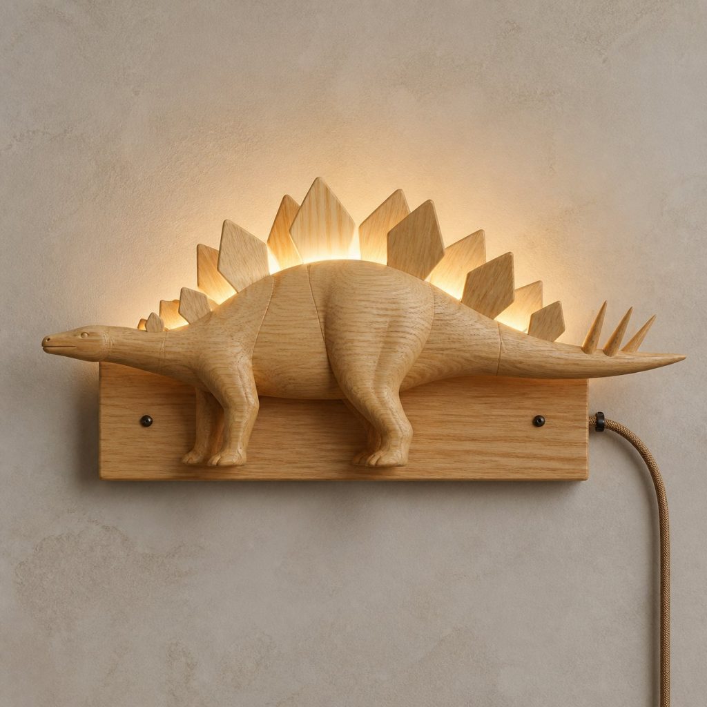 Stegosaurus Wall Sconce shown as an original square photorealistic dinosaur lamp made from natural light-yellow wood with fine grain and warm diffused light
