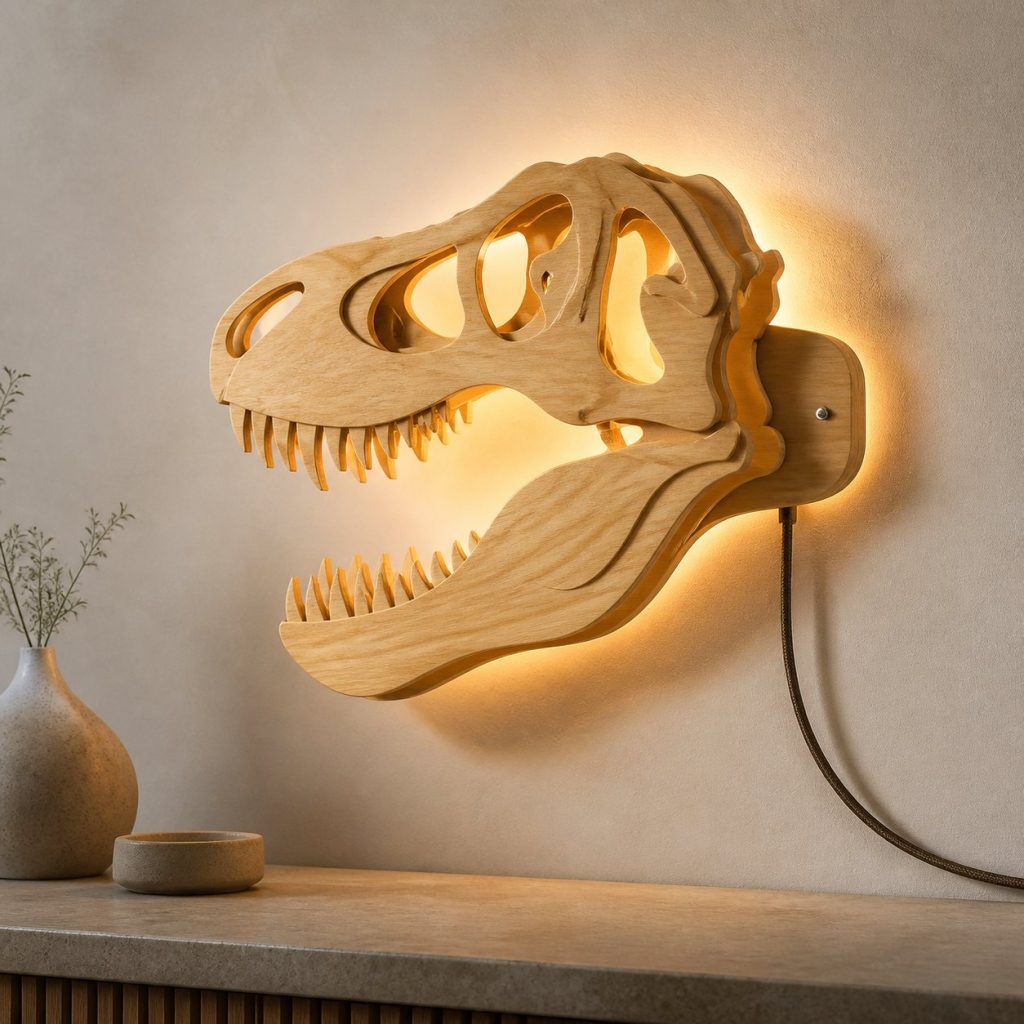 Layered Tyrannosaurus Head Wall Lamp shown as an original square photorealistic dinosaur lamp made from natural light-yellow wood with fine grain and warm diffused light
