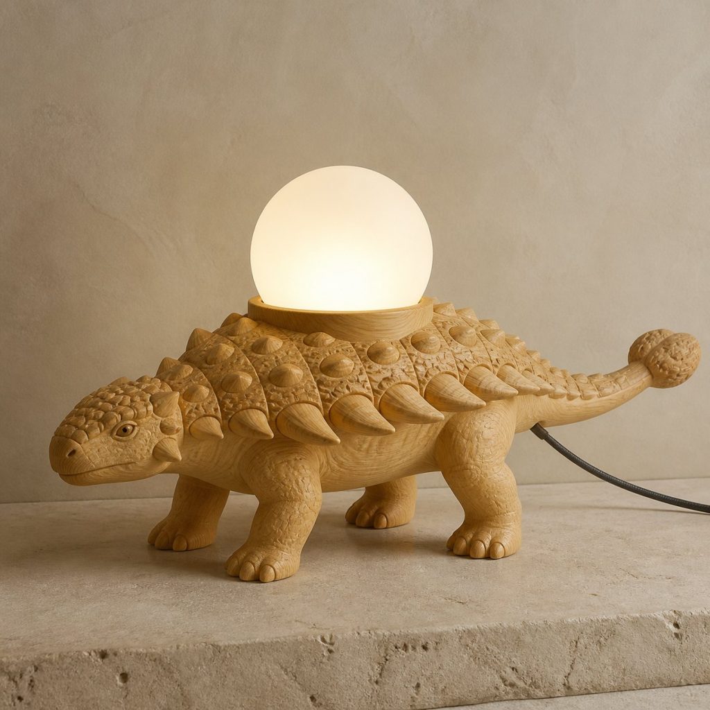 Ankylosaurus Orb Lamp shown as an original square photorealistic dinosaur lamp made from natural light-yellow wood with fine grain and warm diffused light
