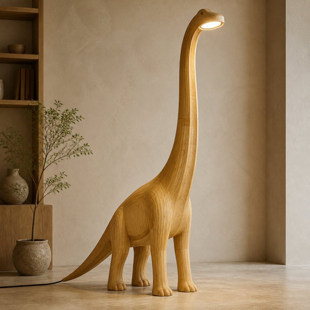 Brachiosaurus Floor Lamp shown as an original square photorealistic dinosaur lamp made from natural light-yellow wood with fine grain and warm diffused light
