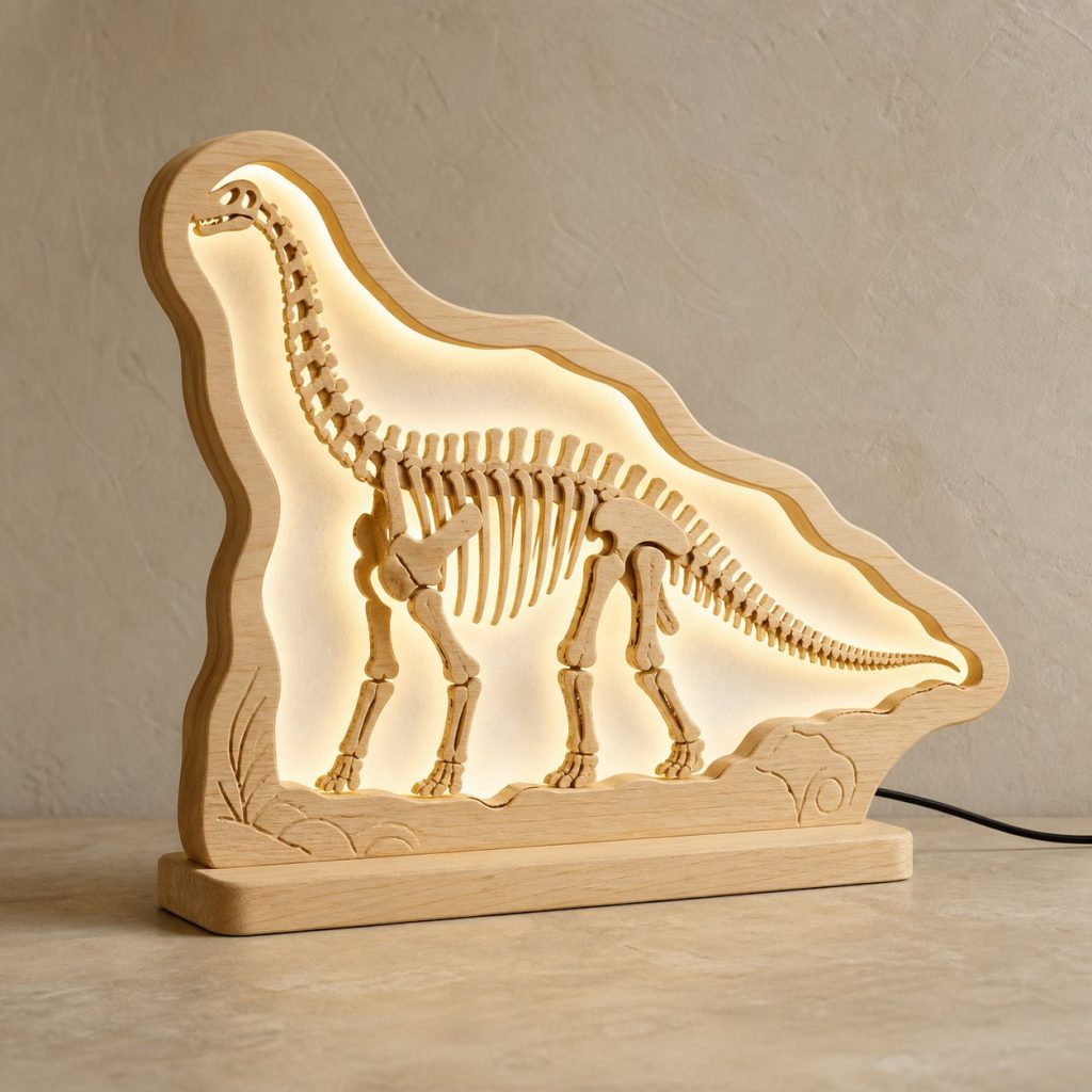 Dinosaur Fossil Lantern shown as an original square photorealistic dinosaur lamp made from natural light-yellow wood with fine grain and warm diffused light