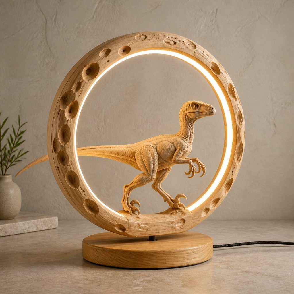 Velociraptor Meteor-Ring Lamp shown as an original square photorealistic dinosaur lamp made from natural light-yellow wood with fine grain and warm diffused light