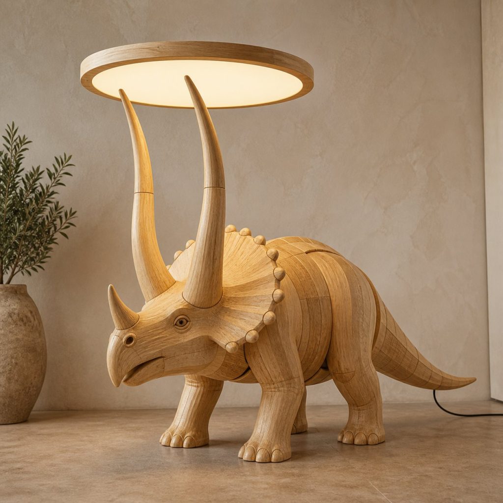 Twin-Horn Triceratops Floor Lamp shown as an original square photorealistic dinosaur lamp made from natural light-yellow wood with fine grain and warm diffused light