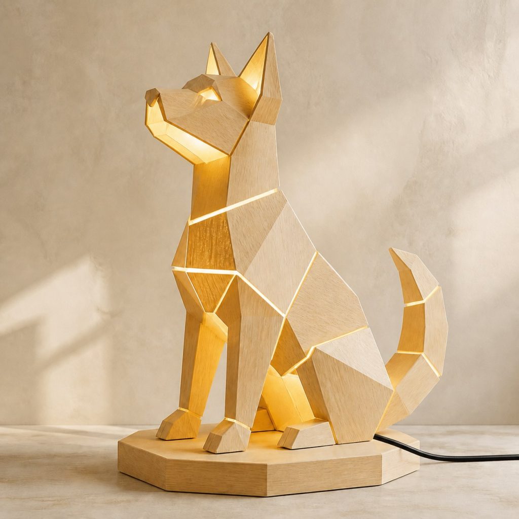 Faceted Dog Lamp shown as an original square photorealistic dog lamp made from natural light-yellow wood with fine grain and warm diffused light