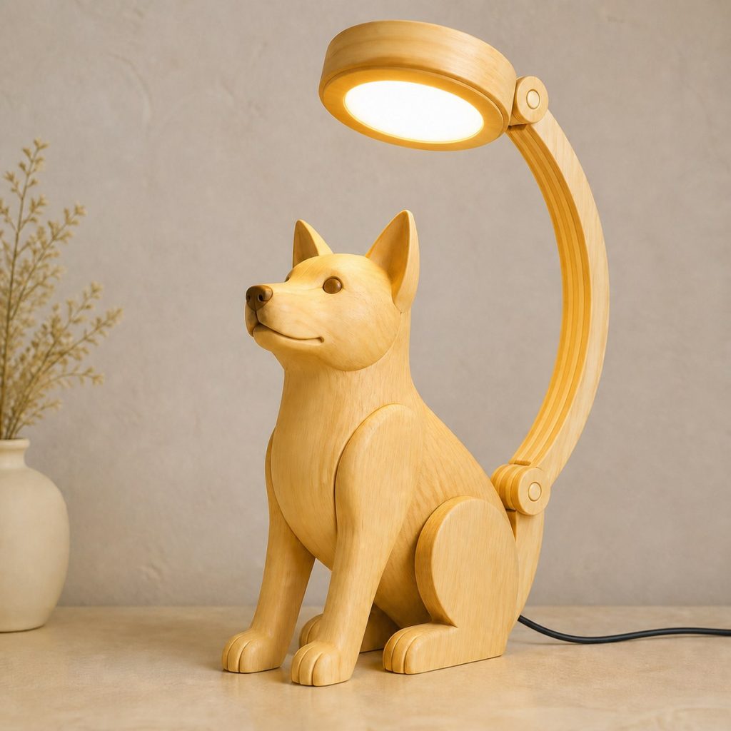 Dog-Tail Desk Task Lamp shown as an original square photorealistic dog lamp made from natural light-yellow wood with fine grain and warm diffused light