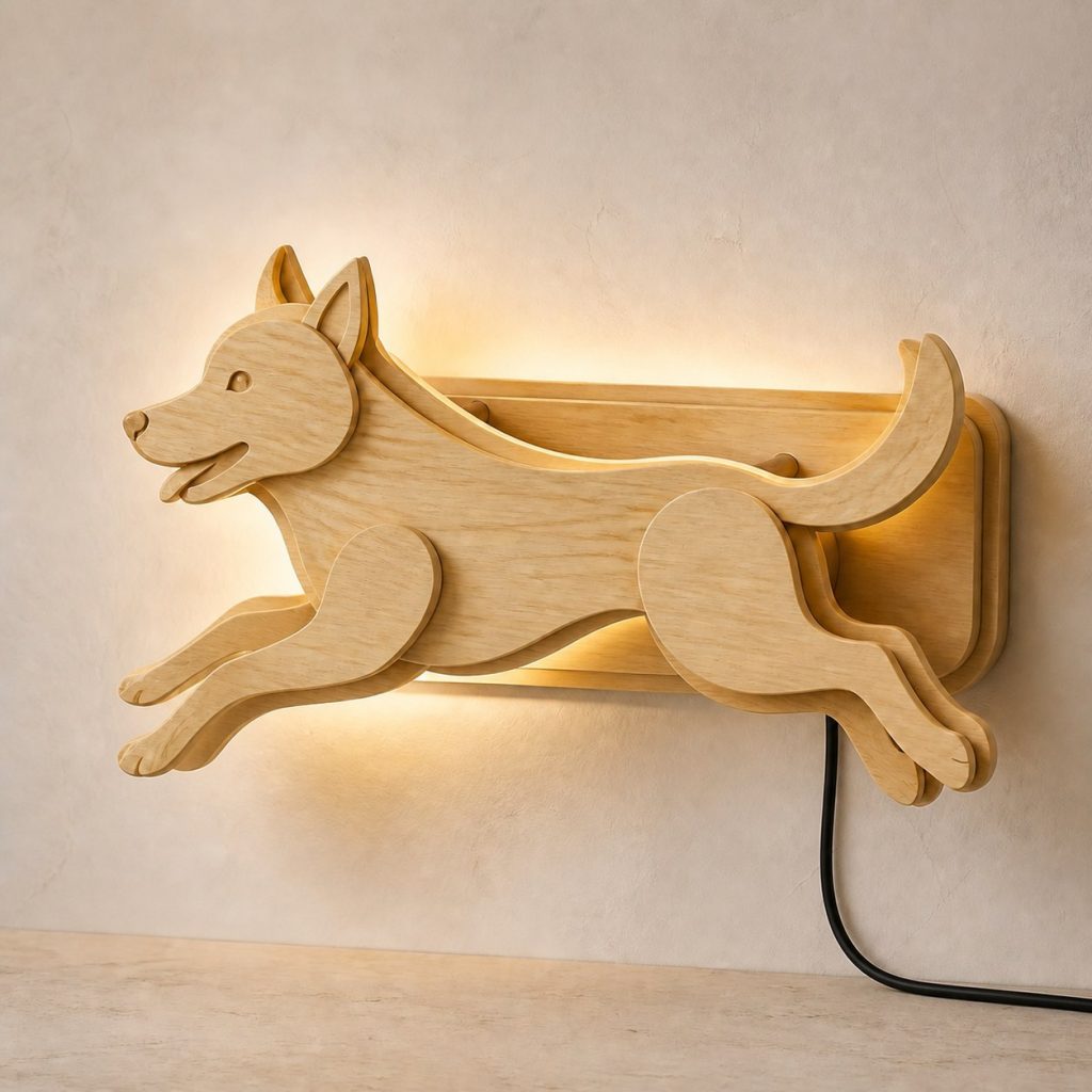 Running Dog Wall Sconce shown as an original square photorealistic dog lamp made from natural light-yellow wood with fine grain and warm diffused light
