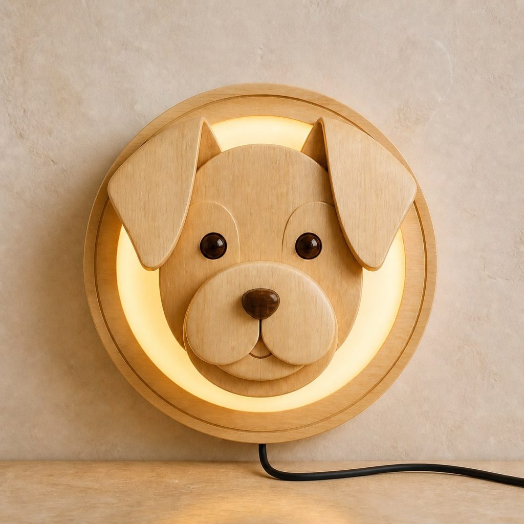 Layered Dog Face Wall Lamp shown as an original square photorealistic dog lamp made from natural light-yellow wood with fine grain and warm diffused light