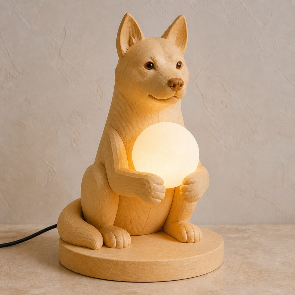 Dog Orb Lamp shown as an original square photorealistic dog lamp made from natural light-yellow wood with fine grain and warm diffused light