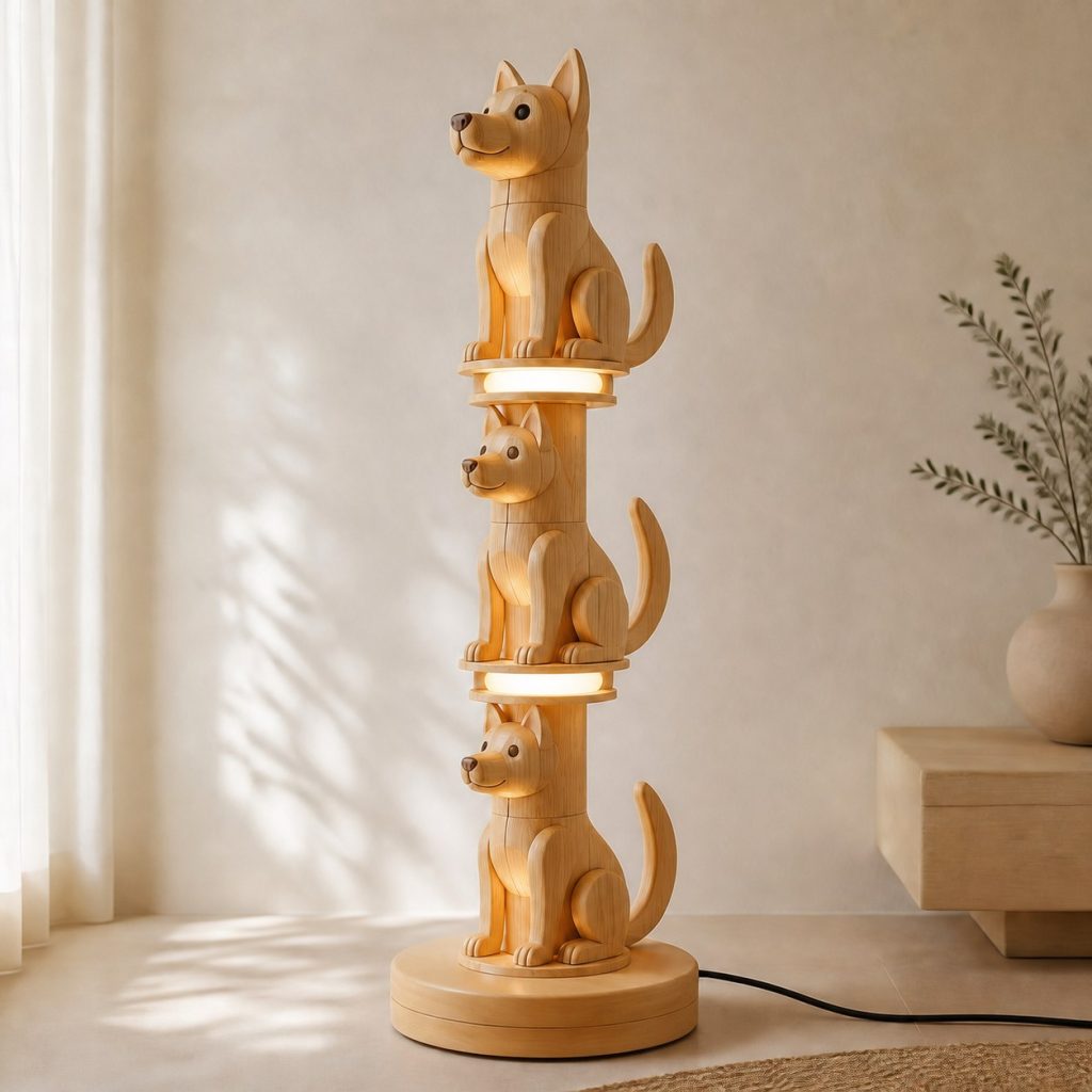 Stacked Dog Floor Lamp shown as an original square photorealistic dog lamp made from natural light-yellow wood with fine grain and warm diffused light