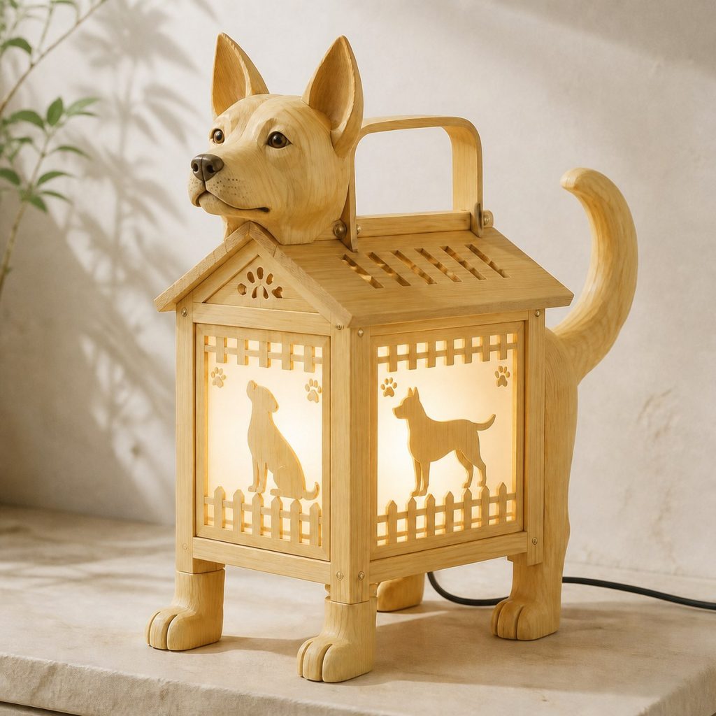 Kennel Dog Lantern shown as an original square photorealistic dog lamp made from natural light-yellow wood with fine grain and warm diffused light