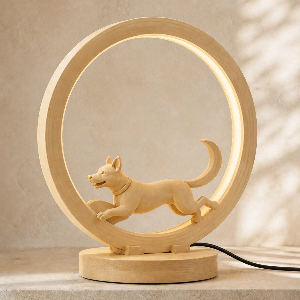 Dog Park-Ring Lamp shown as an original square photorealistic dog lamp made from natural light-yellow wood with fine grain and warm diffused light