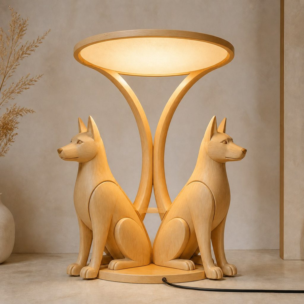 Paired-Tail Dog Floor Lamp shown as an original square photorealistic dog lamp made from natural light-yellow wood with fine grain and warm diffused light