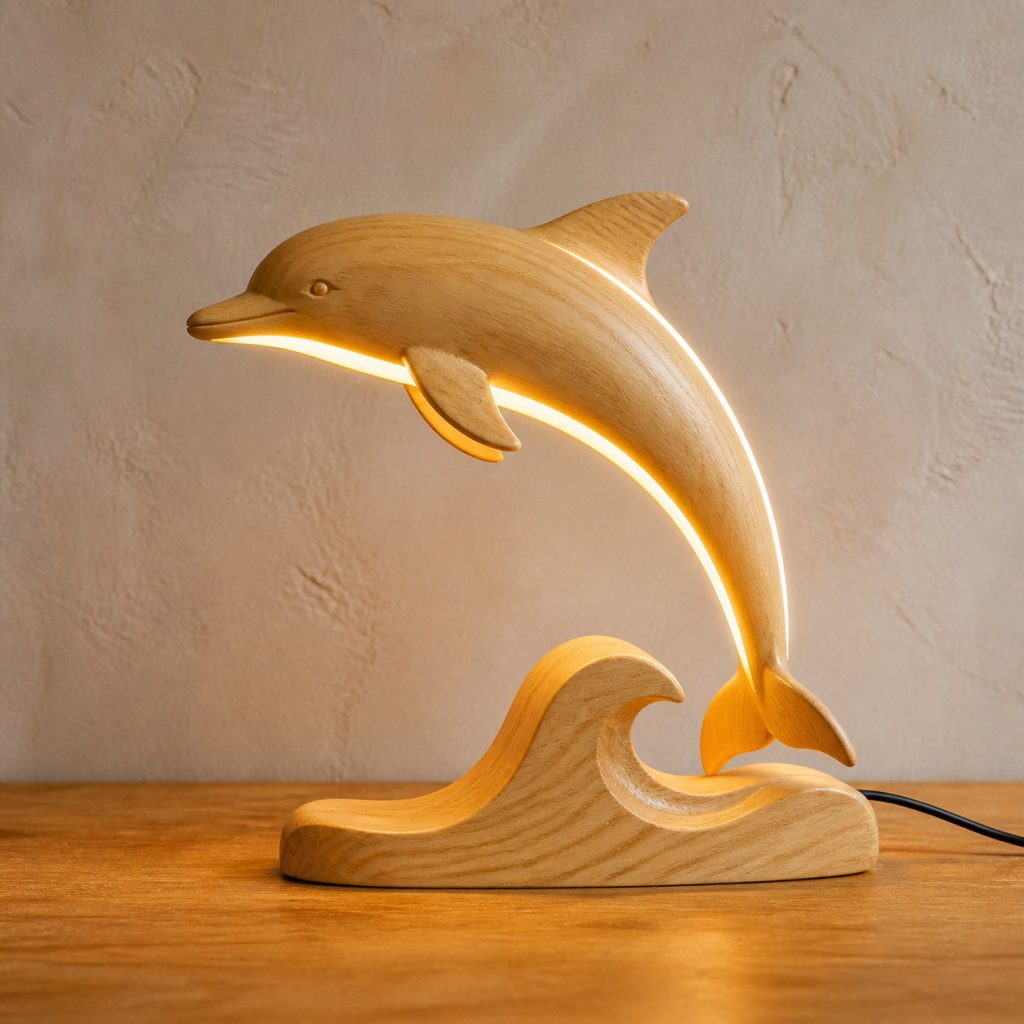 Light-Yellow Dolphin Profile Lamp shown as an original square photorealistic light-yellow wood dolphin lamp made from natural light-yellow wood with fine grain and warm diffused light