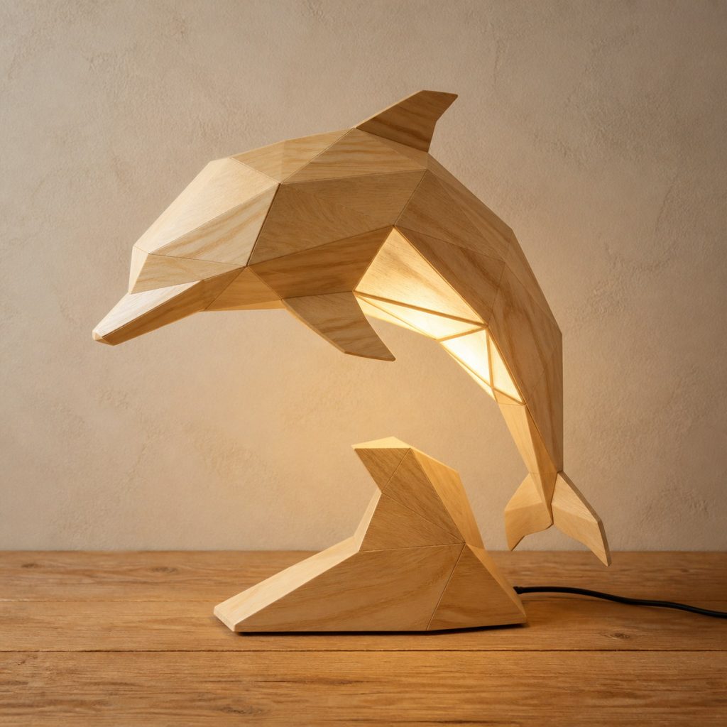 Faceted Light-Yellow Dolphin Lamp shown as an original square photorealistic light-yellow wood dolphin lamp made from natural light-yellow wood with fine grain and warm diffused light